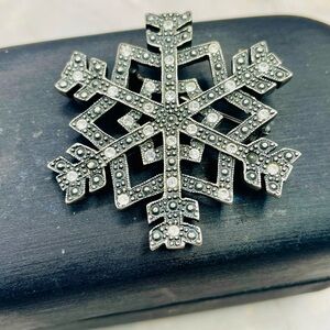 Anne Klein Vintage Marcasite Snowflake Brooch Pin with Clear Rhinestones.